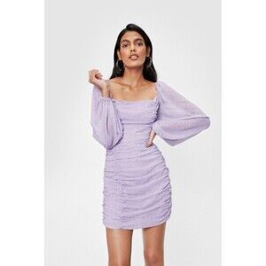 NWT Nasty Gal Floral Balloon Sleeve Ruched Mini Dress Lilac Women’s Size 6 Purpl